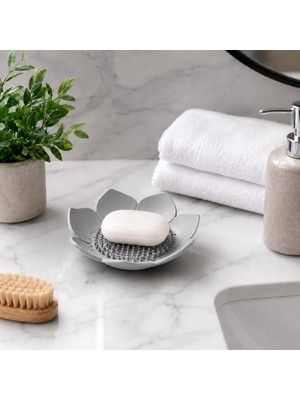 Velora Lotus Çiçeği Tasarımlı Silikon Sabunluk – Drenajlı ve Esnek Sabun Tutucu, Banyo Mutfak Lavabo Üstü Sabunluk, Gri