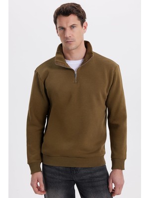 Velora Tudors Relax Fit Rahat Kesim Pamuklu Içi Polarlı Yarım Fermuarlı Dik Yaka Sweatshirt, L, SW240002, Yeşil, Erkek