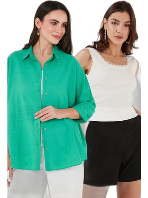 Velora Lela Streç Pamuklu Oversize Fit 2' Li Paket Gömlek-Atlet Set Bayan Gömlek-Atlet Set 67810014979S2