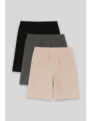 Velora Standart Fit Basic 3'lü Paket Siyah-Haki-Bej Erkek Çocuk Şort - 11289
