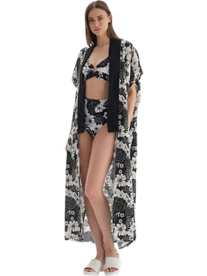Velora Dagi Kadın Keten Uzun Kimono Siyah Beyaz S-M