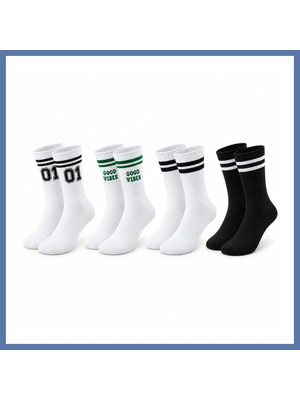 Bezos Unisex Çorap Çizgili 4'lü Set 07 Good Vibes Yazılı Siyah Beyaz Uzun Soket Spor Kolej Stil Rahat Şık Aanova