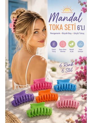 Velora Mandal Toka Seti 6’lı Kadın Pembe Mavi Rengarenk Büyük Boy Kadın Toka