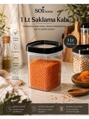 Velora 1 Lt Şeffaf Erzak Saklama Kabı, Siyah Vakumlu Kapaklı, Sızdırmaz, Üst Üste Dizilebilir Gıda Saklama Kabı