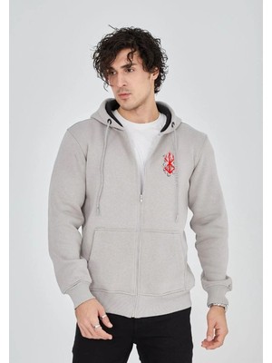 Moda Erkek 3 Iplik Pamuklu Kapüşonlu Tam Fermuarlı Cepli Hoodie Sweatshirt - Boyalı Gri