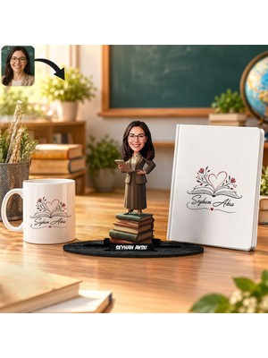 Bk Gift Kişiye Özel Kadın Öğretmen Karikatür Biblo Isimli Defter Kupa Seti-2