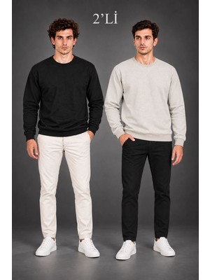 Moda Erkek 2'li Bisiklet Yaka Içi Şardonlu 2 Iplik Düz Uzun Kollu Regular Fit Sweatshirt - Siyah & Gri