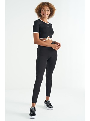 Velora Siyah Logo Baskı Detaylı Yüksek Bel Dalgıç Kumaş Slim Fit Kadın Tayt - 94627