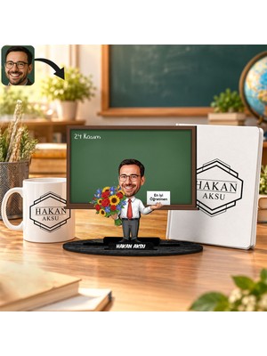 Bk Gift Kişiye Özel Erkek Öğretmen Karikatür Biblo Isimli Defter Kupa Seti-5