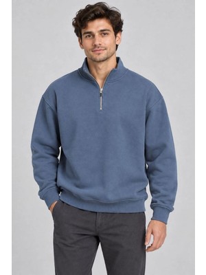Moda Erkek Üç Iplik Içi Şardonlu Dik Yaka Yarım Fermuarlı Kışlık Sweatshirt - Mavi