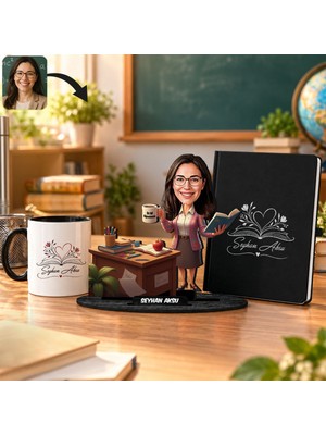 Bk Gift Kişiye Özel Kadın Öğretmen Karikatür Biblo & Siyah Defter & Siyah Kulplu Kupa Hediye Seti-12