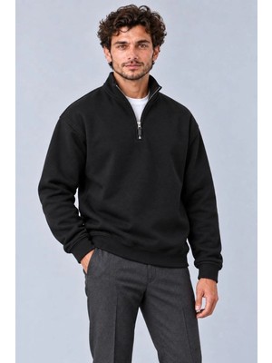 Moda Erkek Üç Iplik Içi Şardonlu Dik Yaka Yarım Fermuarlı Kışlık Sweatshirt - Siyah