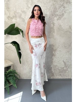 Moda Ekru Saten Soft Çiçekli Etek