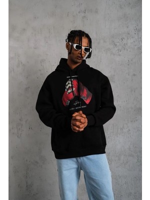Moda Erkek Kapüşonlu Cepli Box Eldiven Baskılı 3 Iplik Sweatshirt Hoodie - Siyah