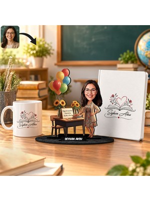 Bk Gift Kişiye Özel Kadın Öğretmen Karikatür Biblo Isimli Defter Kupa Seti-4