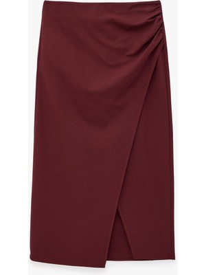 Velora Regular Fit Yırtmaçlı Kruvaze Drapeli Midi Boy Kalem Etek