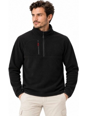 Moda Erkek Polar Dik Yaka Yarım Fermuarlı Fermuarlı Göğüs Cepli Regular Fit Kışlık Sweatshirt - Siyah