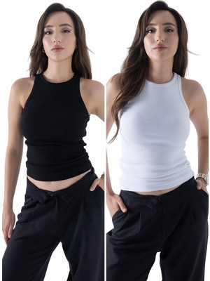 Velora By Comeor Fitilli Regular Fit Normal Kalıp Siyah-Beyaz Bisiklet Yaka Sıfır Kol Pamuklu 2'li Kadın Atlet Siyah - Beyaz M