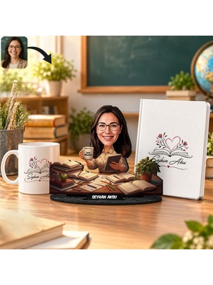 Bk Gift Kişiye Özel Kadın Öğretmen Karikatür Biblo Isimli Defter Kupa Seti-8