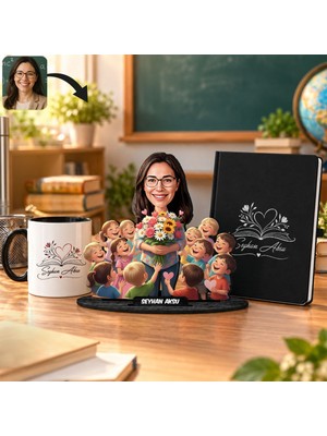 Bk Gift Kişiye Özel Kadın Öğretmen Karikatür Biblo & Siyah Defter & Siyah Kulplu Kupa Hediye Seti-9