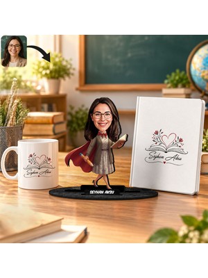 Bk Gift Kişiye Özel Kadın Öğretmen Karikatür Biblo Isimli Defter Kupa Seti-7