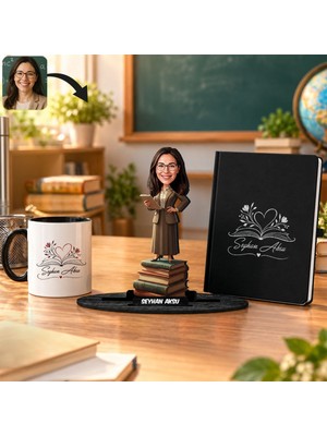 Bk Gift Kişiye Özel Kadın Öğretmen Karikatür Biblo & Siyah Defter & Siyah Kulplu Kupa Hediye Seti-2