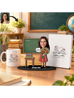 Bk Gift Kişiye Özel Kadın Öğretmen Karikatür Biblo Isimli Defter Kupa Seti-13