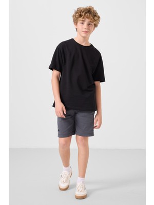 Velora Siyah-Gri Pamuklu Oversize Fit Dokuma Hafif Esnek Chino Erkek Çocuk Şort Takım - 11277