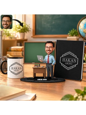 Bk Gift Kişiye Özel Erkek Öğretmen Karikatür Biblo & Siyah Defter & Siyah Kulplu Kupa Hediye Seti-8