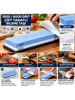 Velora Aee® 1000/6000 Grit Çift Taraflı Bileme Taşı, Su Taşı Bileyici, Profesyonel Bıçak Makas Şef Bıçağı El Aletleri Bileme Taşı, Kaymaz Tabanlı