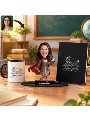 Bk Gift Kişiye Özel Kadın Öğretmen Karikatür Biblo & Siyah Defter & Siyah Kulplu Kupa Hediye Seti-7