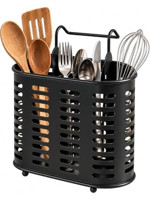 Velora Deconox Askılıklı Metal Organizer Kaşıklık, Bölmeli Tezgah Üstü Çatal Kaşık Düzenleyici, Delikli Gövde, 16 cm Genişlik, Siyah