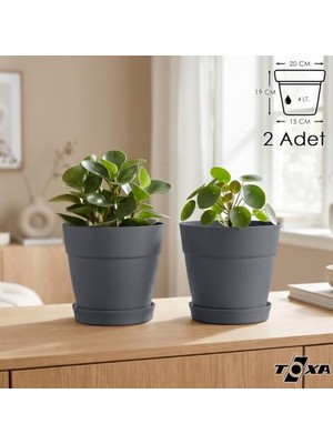 Velora Tabaklı Delikli Plastik Çiçek Saksısı, 20 cm 4 Lt, 2 Adet, Antrasit