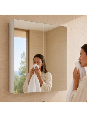 Velora Pıkas 2 Kapaklı Aynalı Banyo Dolabı Beyaz 69 x 70 x 12 Cm, Duvara Monte Banyo Dolabı, 3 Bölmeli, Modern Banyo Mobilyası