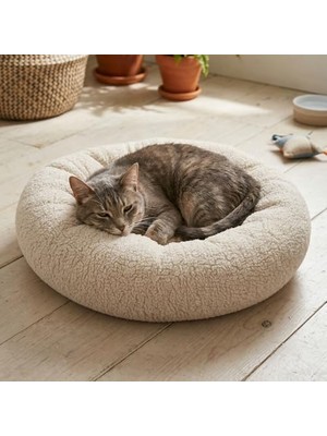 Velora Teddy Donut Şeklinde, Ultra Yumuşak Kumaşlı, Kaydırmaz Tabanlı, Yıkanabilir Kedi ve Köpek Yatağı (Krem, Small)