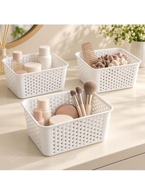 Esplendor Orret Home 3 Adet Beyaz Plastik Sepet Düzenleyici Organizer Seti, Çok Amaçlı Delikli Saklama Sepeti, Çekmece Içi ve Dolap Içi Düzenleyici, Mutfak ve Banyo Organizeri, Makyaj Malzemesi, Kırtasiye