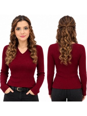 Sateen Bordo V Yaka Uzun Kollu Triko Bady