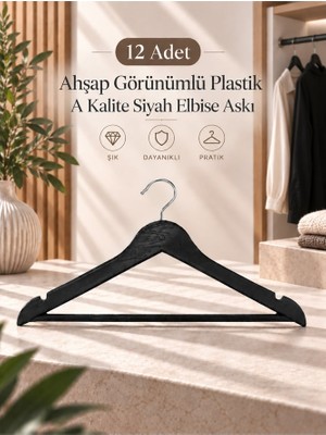 TeknoKapsül 12 Adet Ahşap Görünümlü A Kalite Plastik Elbise Askısı Siyah Designedbygnd