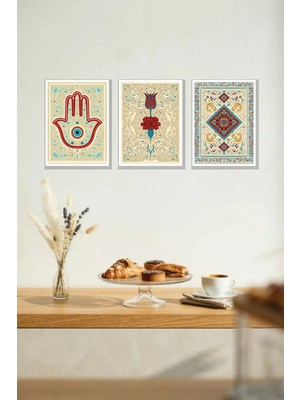 Nod Nazar Türk Motifi 3'lü Mdf Tablo Seti Çerçeve Görünümlü 30X40 cm Modern Duvar Dekoru