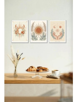 Nod Boho Ay 3'lü Çerçeve Görünümlü 30X40 cm Ahşap Mdf Tablo Seti Duvar Dekoru