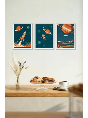 Nod Retro Roket Uzay Çerçeve Görünümlü 30X40 cm Mdf Tablo 3'lü Duvar Süsü Dekor Seti