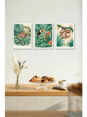 Nod Orman Hayvanları Jungle Çerçeve Görünümlü 30X40 cm Mdf Tablo 3'lü Duvar Süsü Dekor Seti