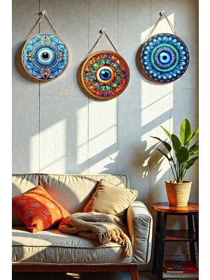Nod Nazar Boncuğu Kristal Mdf Ipli Tablo Seti, 3’lü Modern Duvar Dekoru, Salon, Oturma Odası, Ev Için