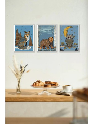 Nod Nordik Hayvanlar 3'lü Çerçeve Görünümlü 30X40 cm Mdf Tablo Seti Salon Duvar Dekoru