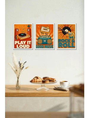 Nod Retro Müzik 3'lü Çerçeve Görünümlü Mdf Tablo Seti 30X40 cm Şık Duvar Dekoru