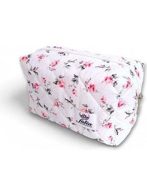 Esplendor Makyaj Çantası | Makeup Bag | Kapitone Bakım Seyahat Kozmetik Çantası (Beyaz-Pembe)