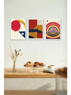 Nod Bauhaus Geometrik 3'lü Çerçeve Görünümlü 30X40 cm Mdf Tablo Duvar Süsü Seti Ev Dekoru