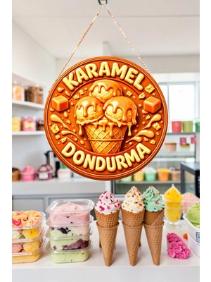 Nod Karamel Dondurma Görselli Ahşap Ipli Kapı Duvar Süsü Kahveci Dekoratif Panosu