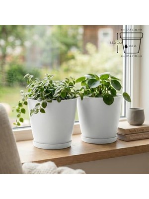 Esplendor Pina Saksı Tabaklı Drenaj Delikli Plastik Çiçek Saksısı (2 Adet, Beyaz, 2.5 Litre)