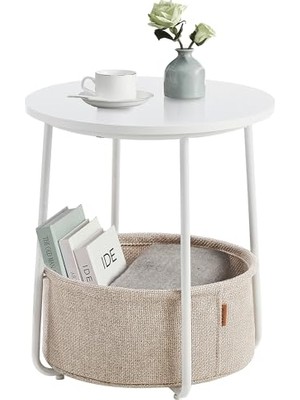 Esplendor Vasagle Yuvarlak Sehpa, Küçük Masa, Sehpa Küçük, Kumaş Sepetli Oturma Odası Masası, Oturma Odası, Yatak Odası Için Depolama Alanı, Modern Komodin, Beyaz-Bej LET223W10